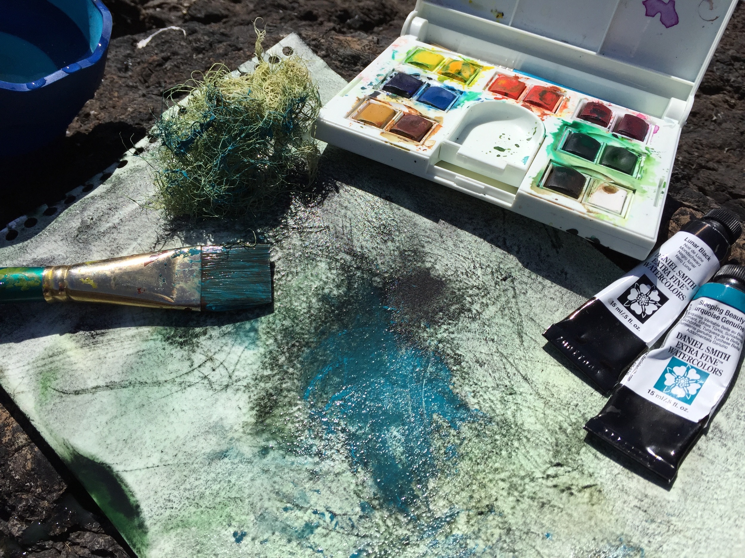 Using "Old Mans Beard" -a type of lichen that grows on trees had blown onto the beach. I used this to paint with for extra texture. I wet the watercolour paper with sea water and then dragged the paper over the rocks to create line work. A background for future work.