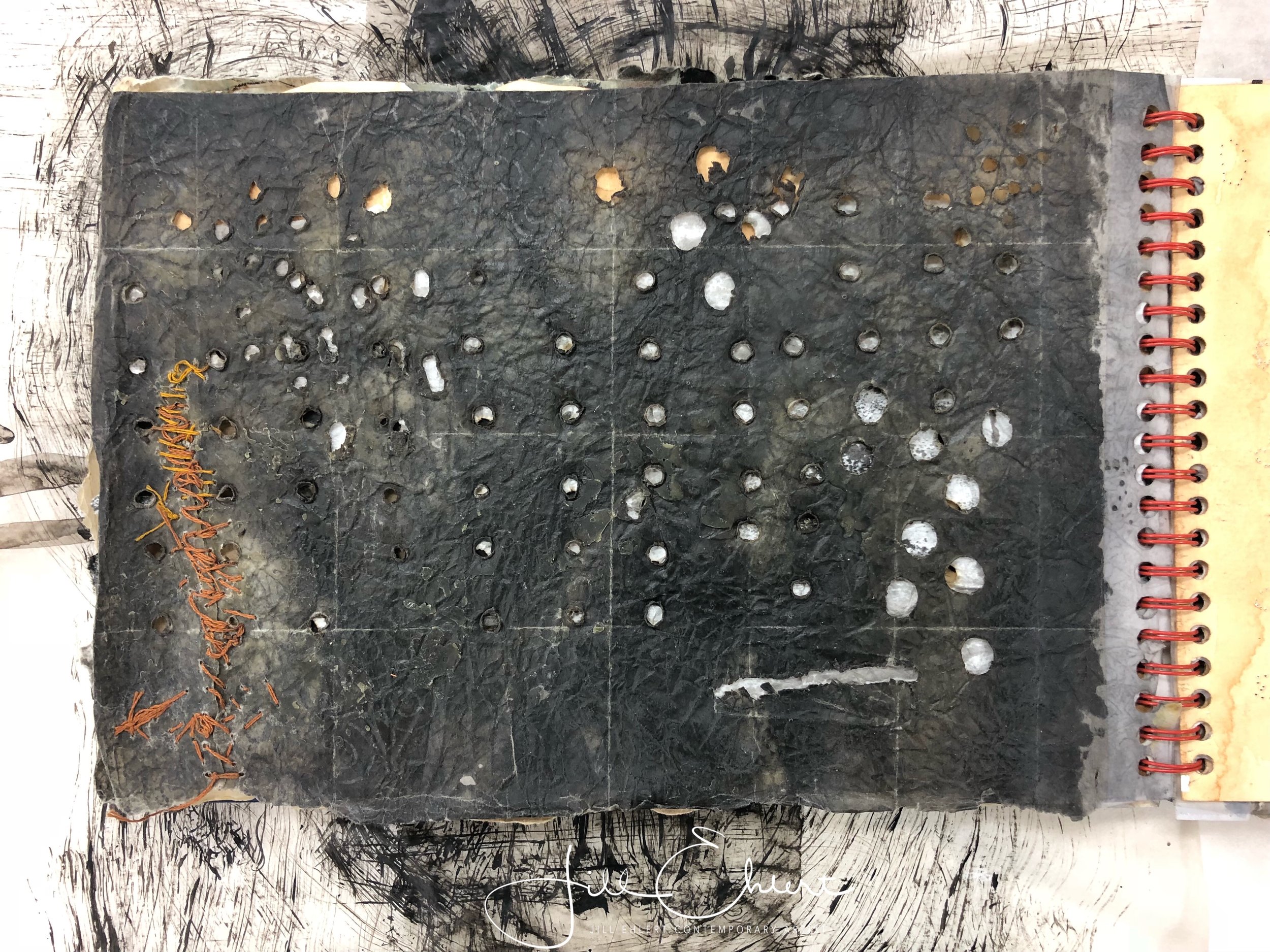 Beeswax over graphite. Punched holes. Sewing with thread.