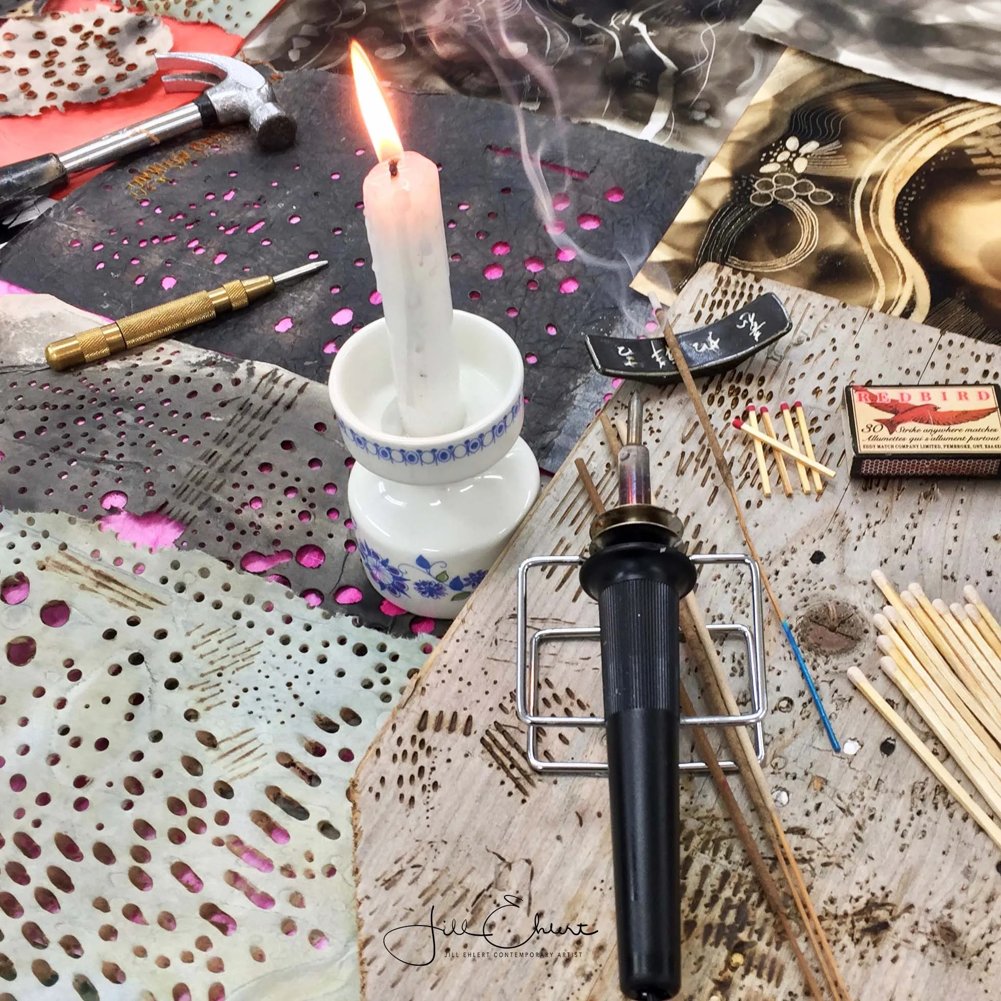 Some of the tools I use to create my mixed-media collage pieces.