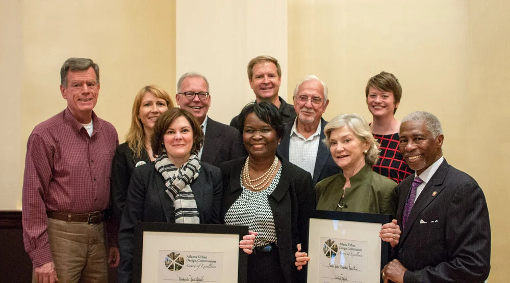 Left to right: Henry Batten, LLCC; Heather Alhadeff, CenterForward; Jane Rawlings, NPUF; David Eldridge, South Fork; Stacey Key, DOT Board; Warner McConaughey, South Fork; Bob Kerr, South Fork Board Chair; Sally Sears, South Fork Director; Celia Lismore, South Fork Outreach; Johnny Edwards, Chair, Atlanta Urban Design Commission