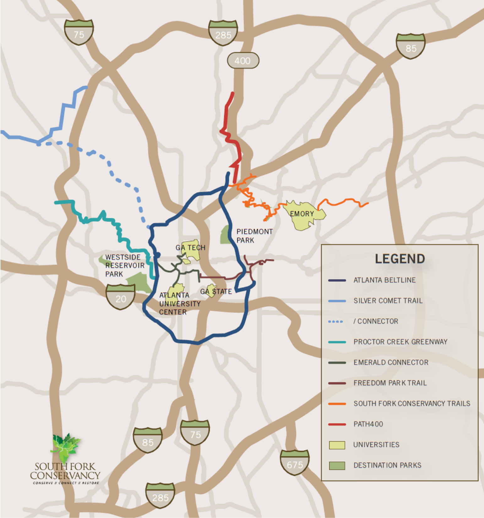 Map of metropolitan Atlanta trail systems, including selected parks and universities.