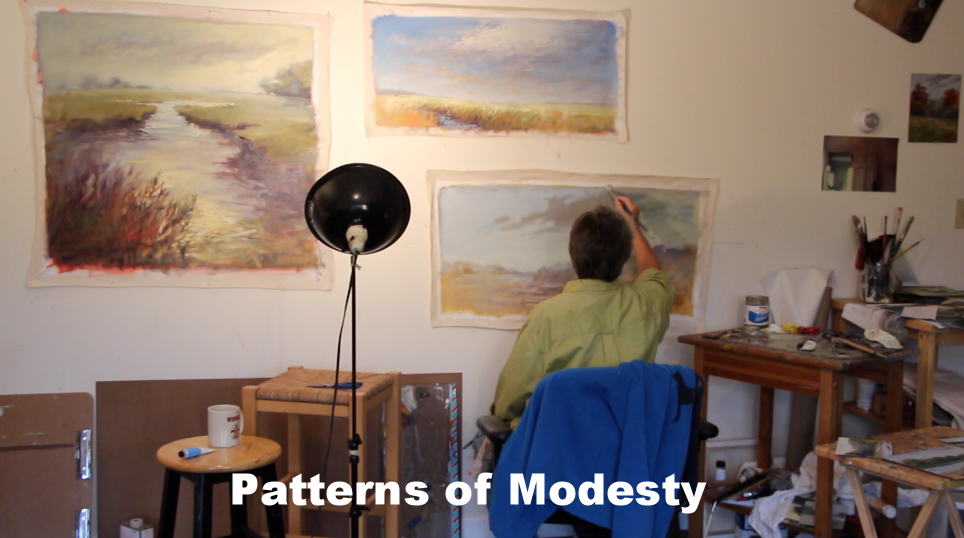 Film still of Trish Hurley painting in her Newport, Rhode Island studio for the documentary Patterns of Modesty.&nbsp;&nbsp;