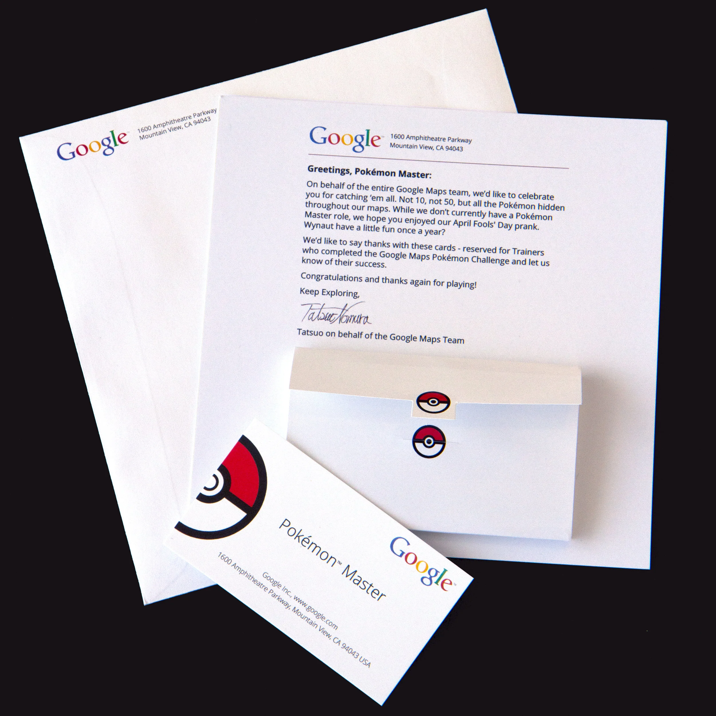 For April Fools’ Day 2014, Google invited players to catch pokémon inside of the Google Maps app. The pop-up game was simple, akin to Where’s Waldo. As a reward for those that caught all 151 Pokemon Google sent out honorary business cards.