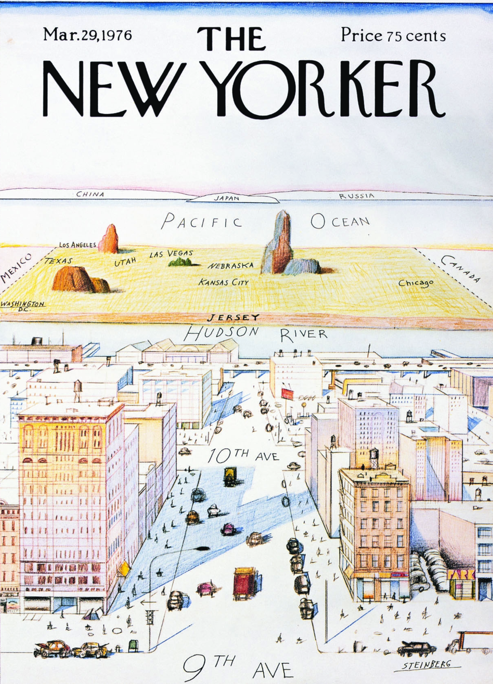 Image of New Yorker's magazine cover - view of the world from 9th avenue