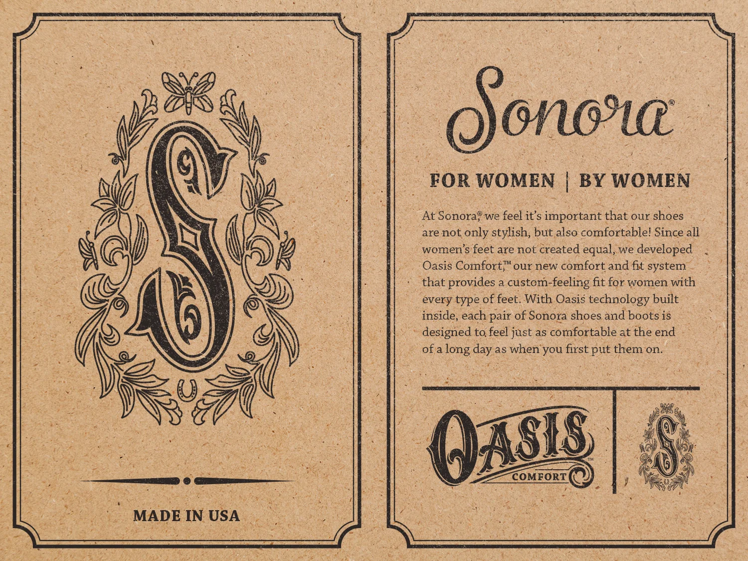 The front and back of the boot hang tag explaining the comfort cushioning system of Oasis