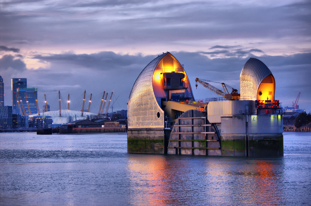 Thames Barrier & Millenium Dome, London, UK