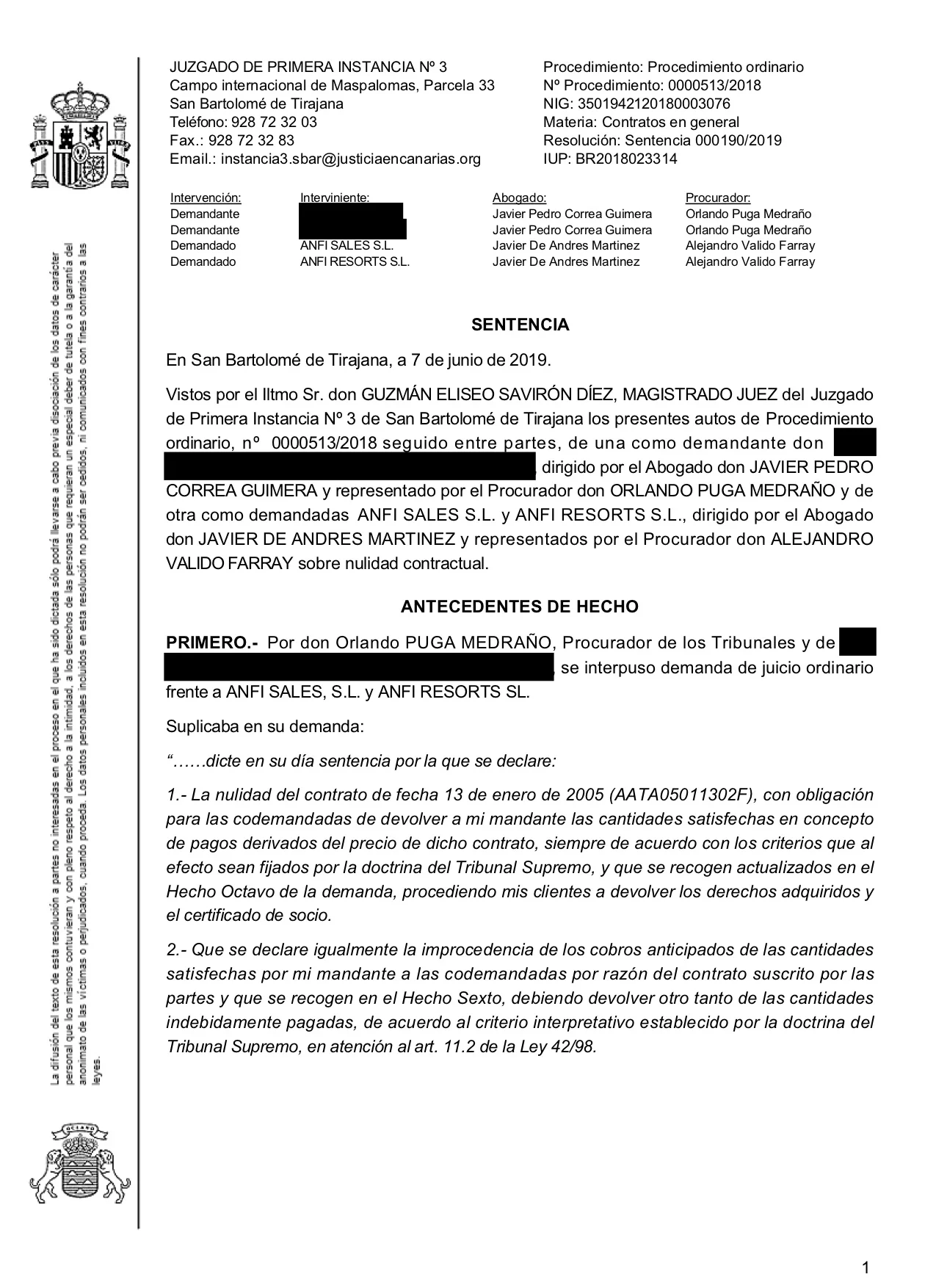 19-06-12 KNUTSEN-OLSEN. Sentencia Primera Instancia. SBT3. Anfi. Estimatoria total con costas. 1 página.jpg
