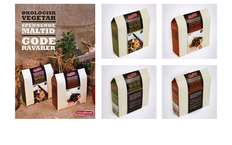 FJORDLAND ØKOLOGISK VEGETAR is ready-made dinners from Fjordlands new organic vegetarian range. The packaging mimics a brown paper bag similar to what you might get at your local vegetable market, giving it a slightly rustic feel. Each meal in the range has its own signature colour in an earth tone to signify the organic aspect. The chosen rough paper stock also gives the packaging an organic feel. 