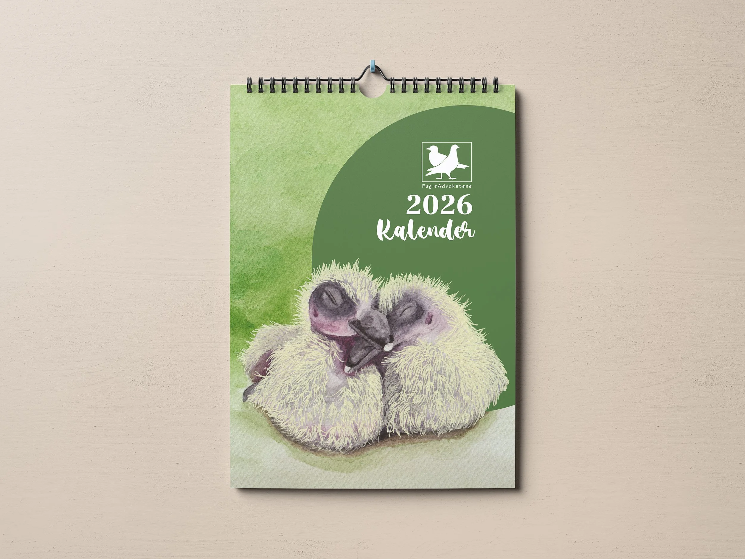 Image of the front page of 2026 calendar with painting of two baby pidgeons