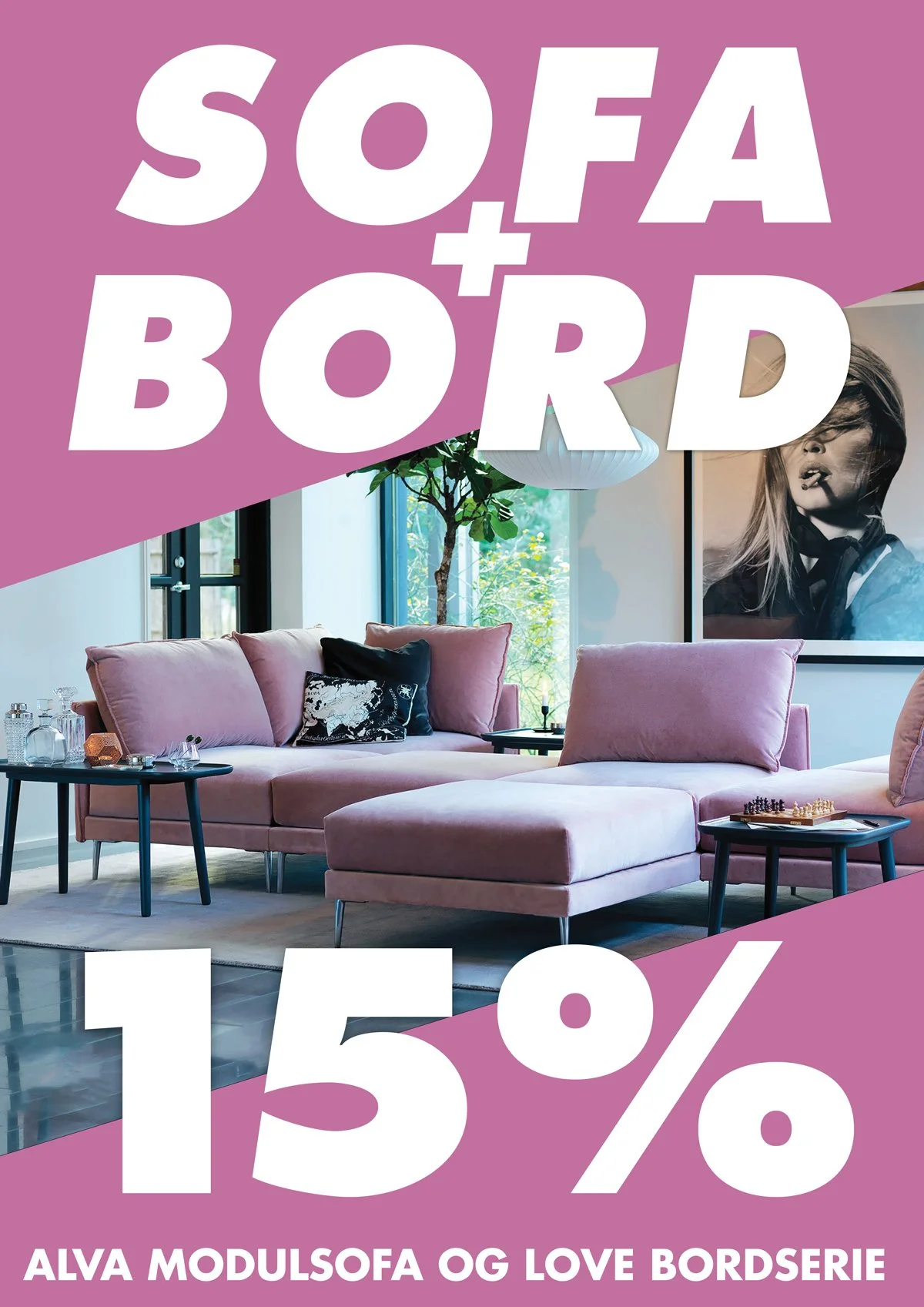 Poster design featuring a pink modular sofa