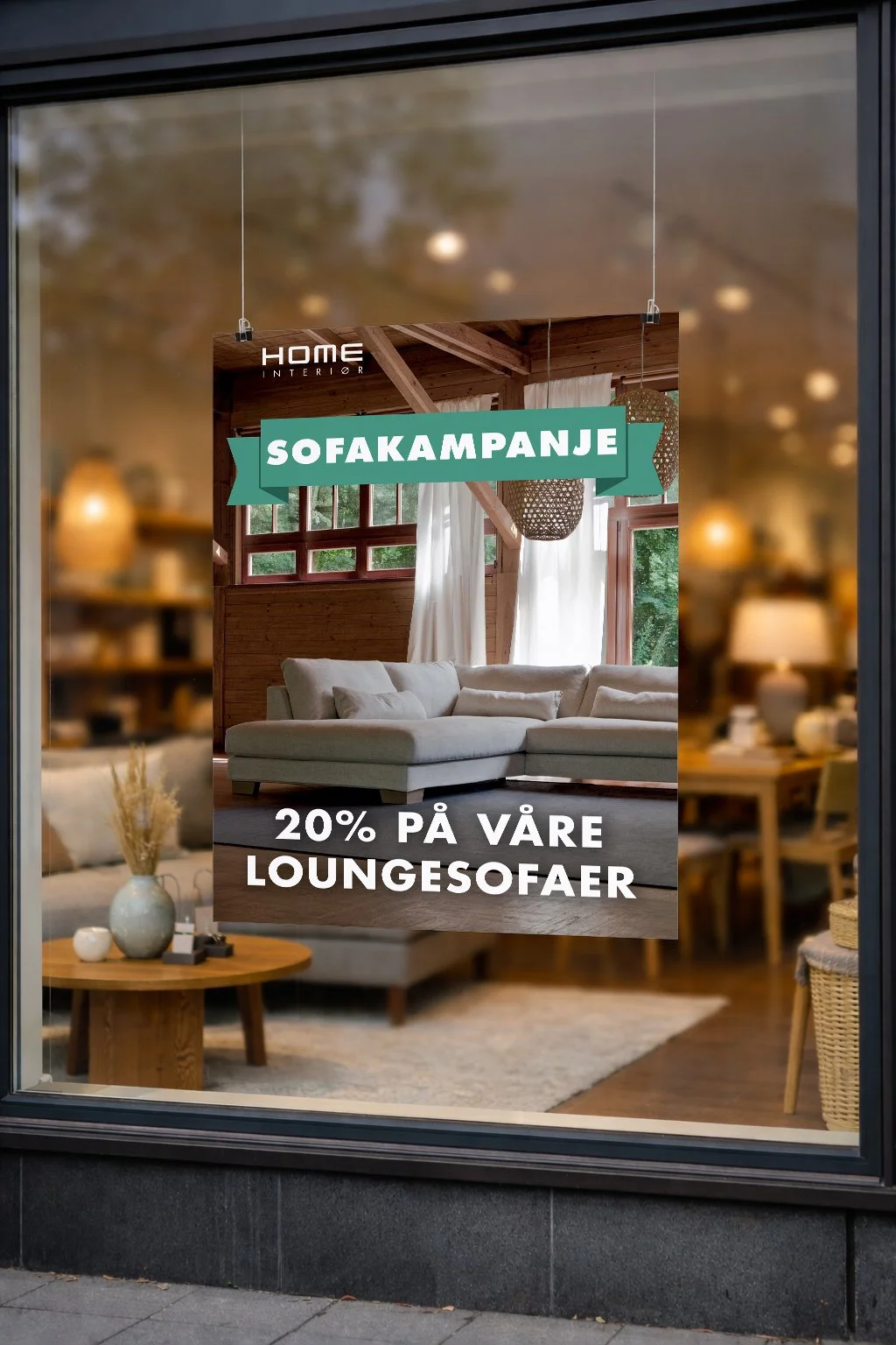 Poster hanging in a window of a furniture shop