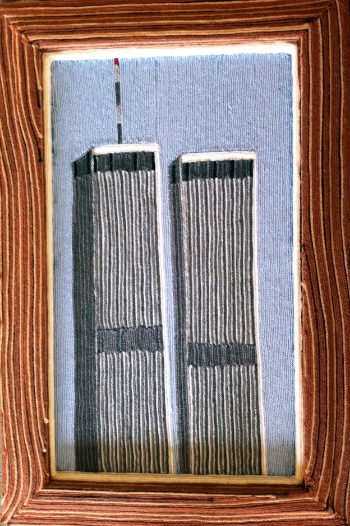  World Trade Center,&nbsp; 2000, yarn &amp; wood, 24 x 30 inches  