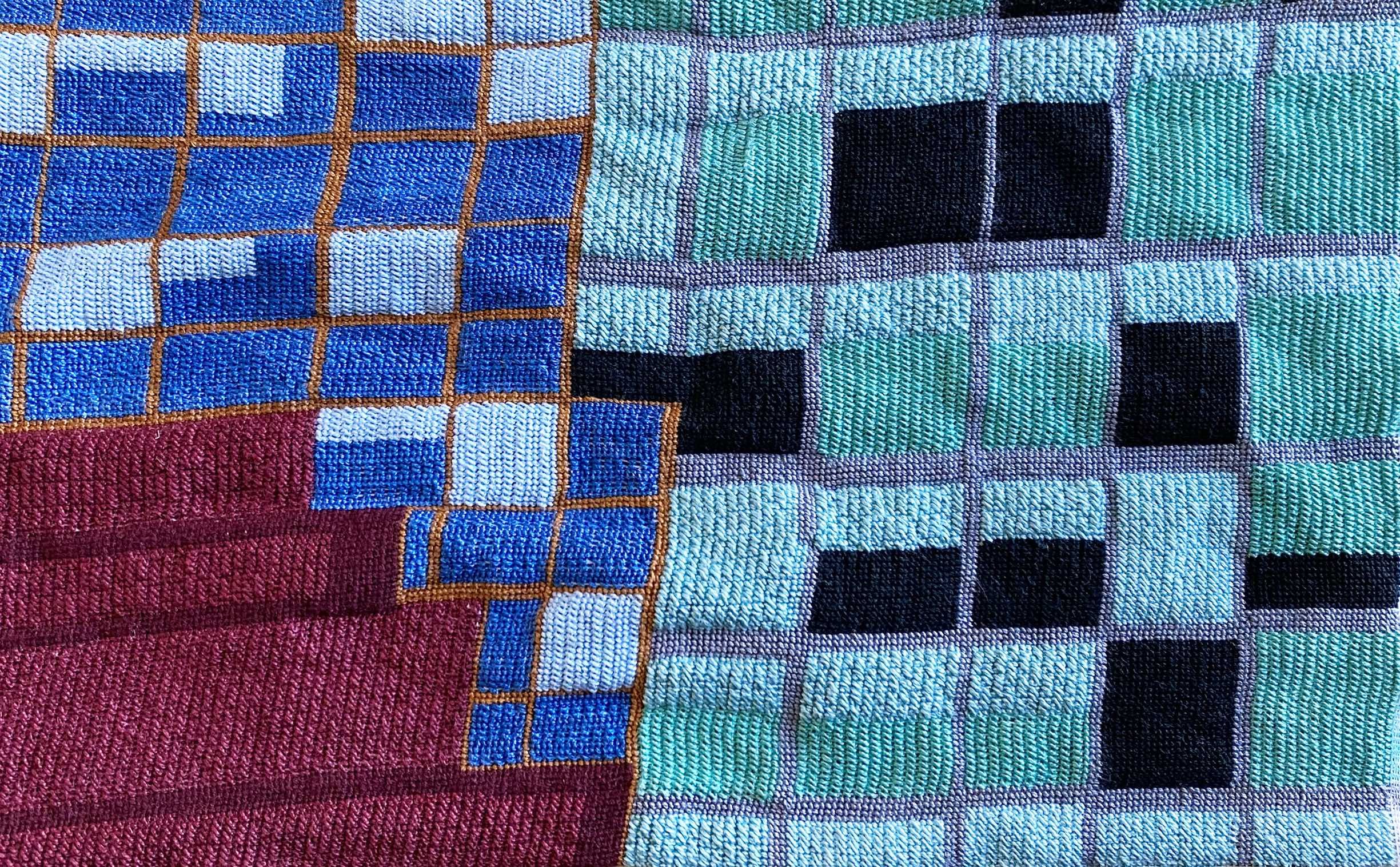 City Needlepoint series, Building Density, Red-Mint-Blue 2022, 15 x 12 inches