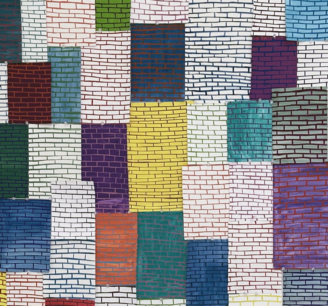 Brick Wall Drawing, 2023 Gouache on paper, 8 feet x 4 feet installation, individual drawing sizes vary