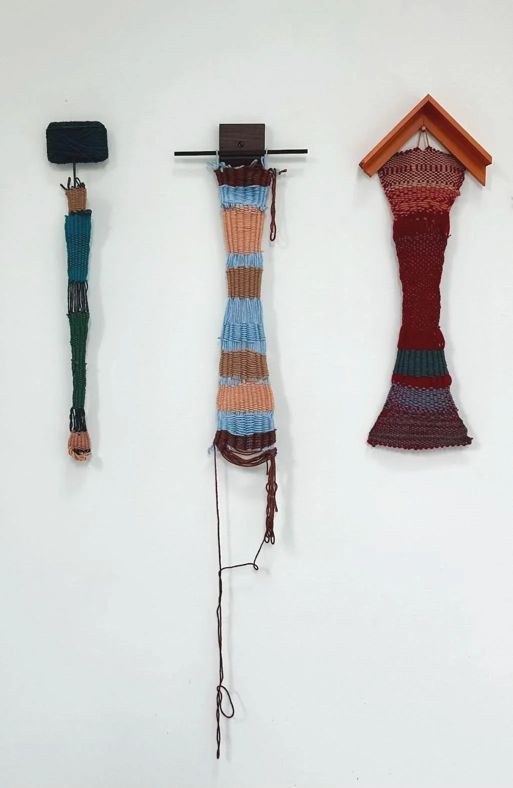 Weaving Structures, 2025, (Gray, Brown, Orange) Wood and yarn, sizes vary