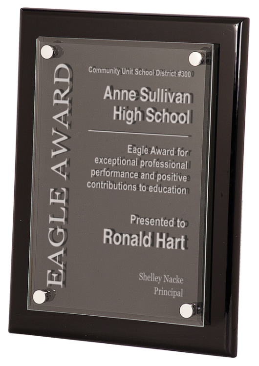 Floating Acrylic with Black Piano Finish Plaque. 9"x12" - $92.50 + Tax (Includes Engraving).