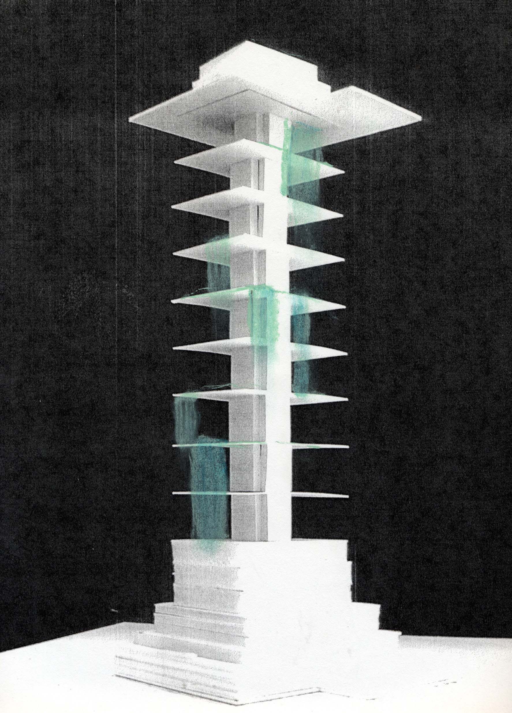Monsoon water collection waterfalls, Concept for Residence Antilia, Mumbai 2004-