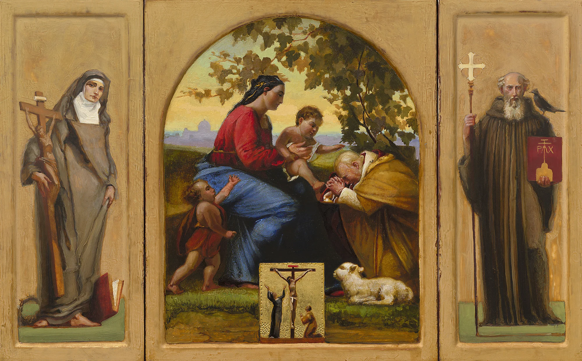 Client Templeton Smith Foundation, portable altarpiece for Rev Bede Kotlinski OSB. Sacra Conversazione with Madonna and Child, St John the Baptist, Saints Teresa Benedicta of the Cross, John Paul, Benedict (crucifixion inset). Langley painting: Clay Bole with water gilding, egg tempera and oil on panel.