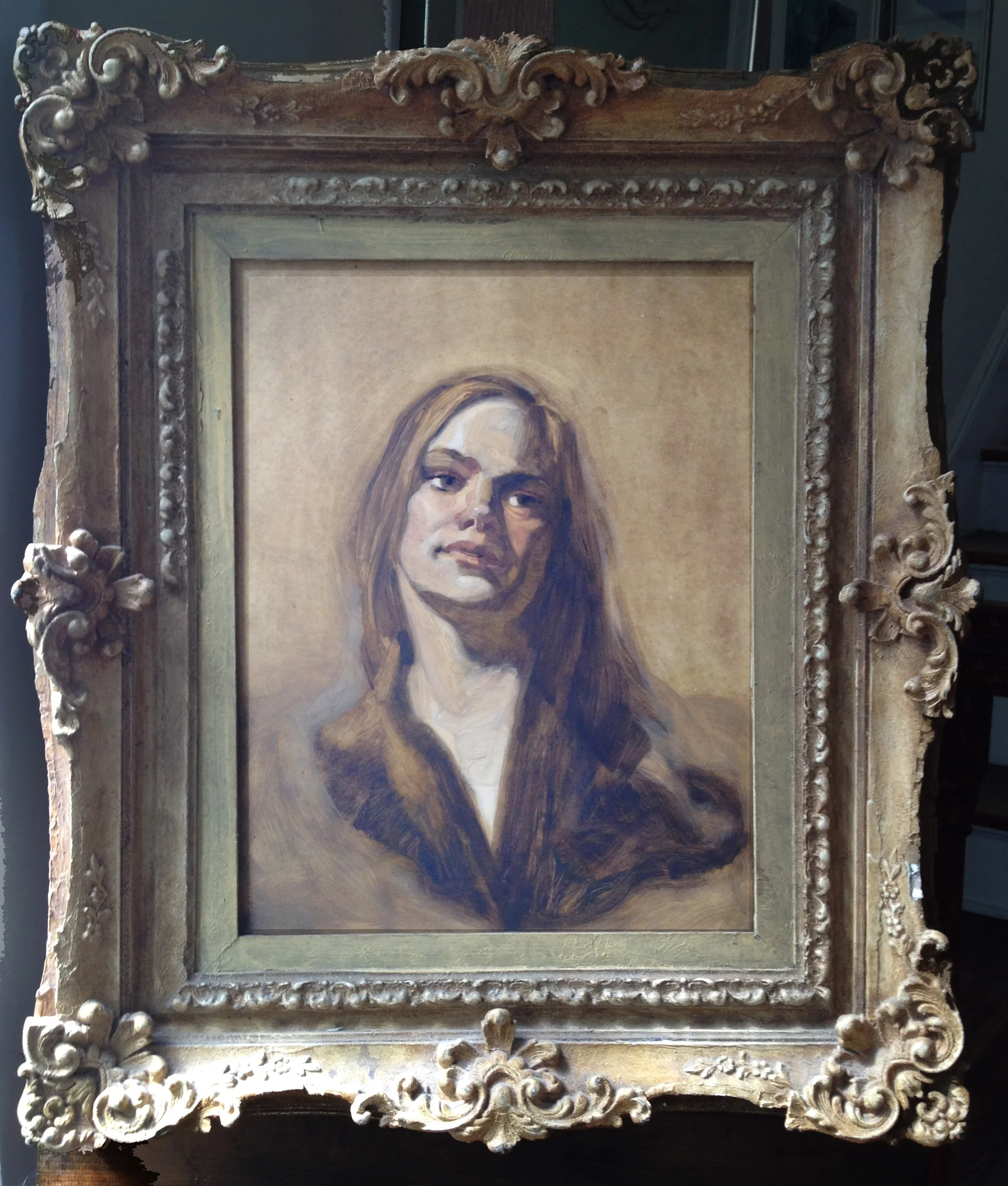 Client: Museum of Art, Savannah College of Art and Design, Portrait Workshop by professor James Langley to help celebrate the first anniversary of SCAD-MOA October 27, 2012. Workshop Demo: Langley oil on panel 20"x16", model: Ellen Garrison, author, editor.