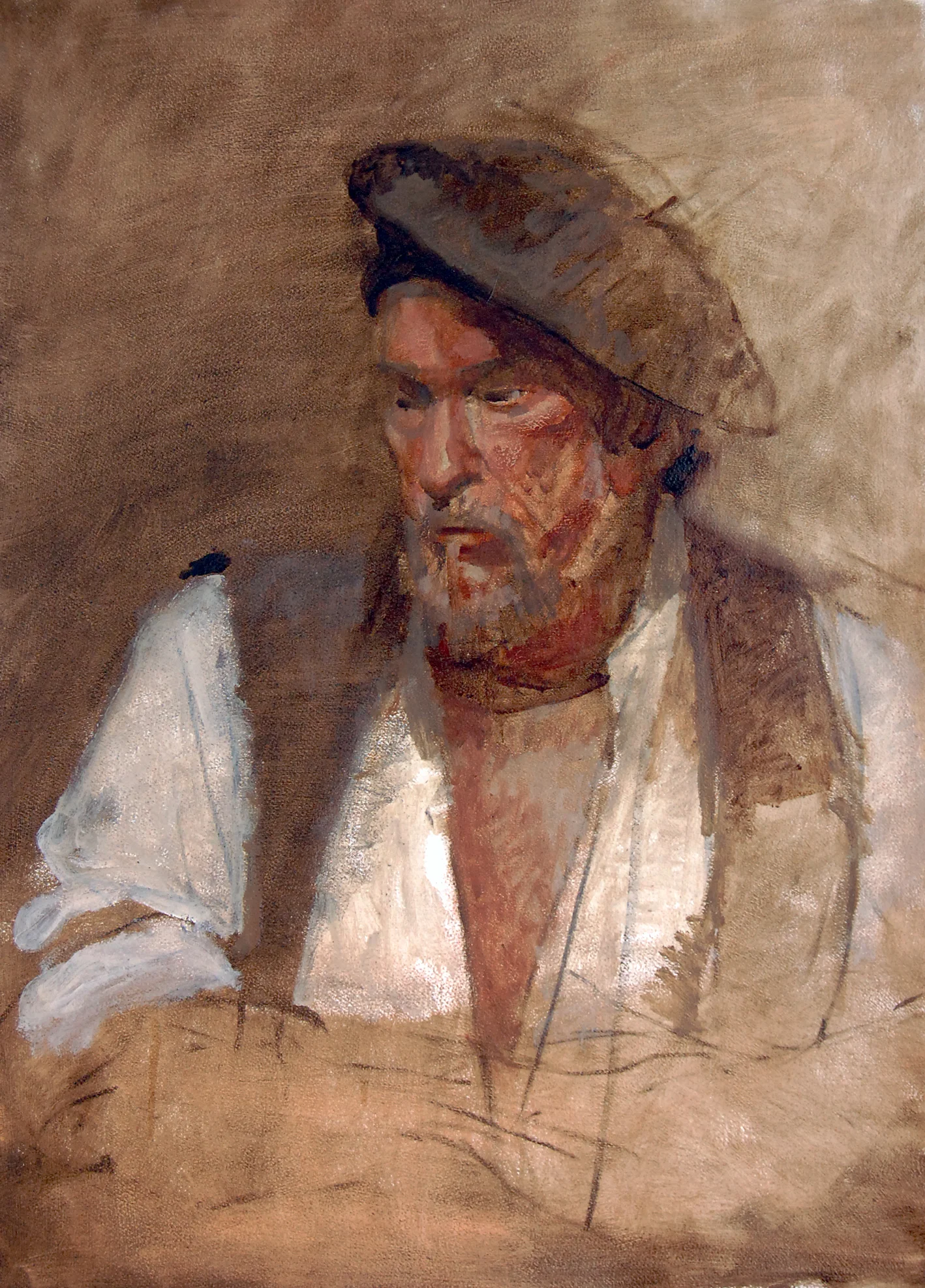Langley portrait sketch of Doyle with beret, oil on paper 30"x22" 2010