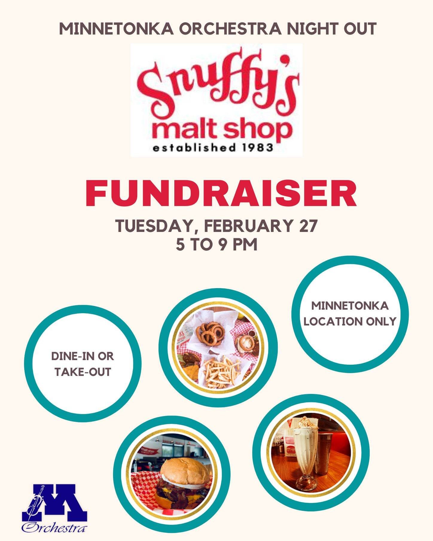🍔🥤There's a really good reason to have a malt and a burger tomorrow night at @snuffys. Around 500 good reasons, actually, and one of them is my #MinnetonkaOrchestras student and yours! Might as well throw in an order of onion rings with that! 🎻🎼