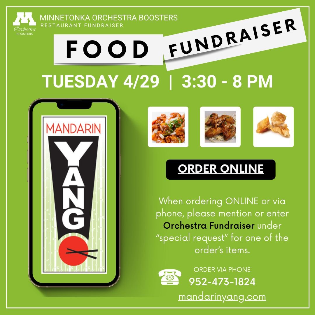 🥢Consider dinner DONE on Tuesday! Mandarin Yang is generously donating to the #minnetonkaorchestra program for orders made between 3:30 and 8 PM.
🥟 Please mention or enter "Orchestra Fundraiser" under "special request" on your