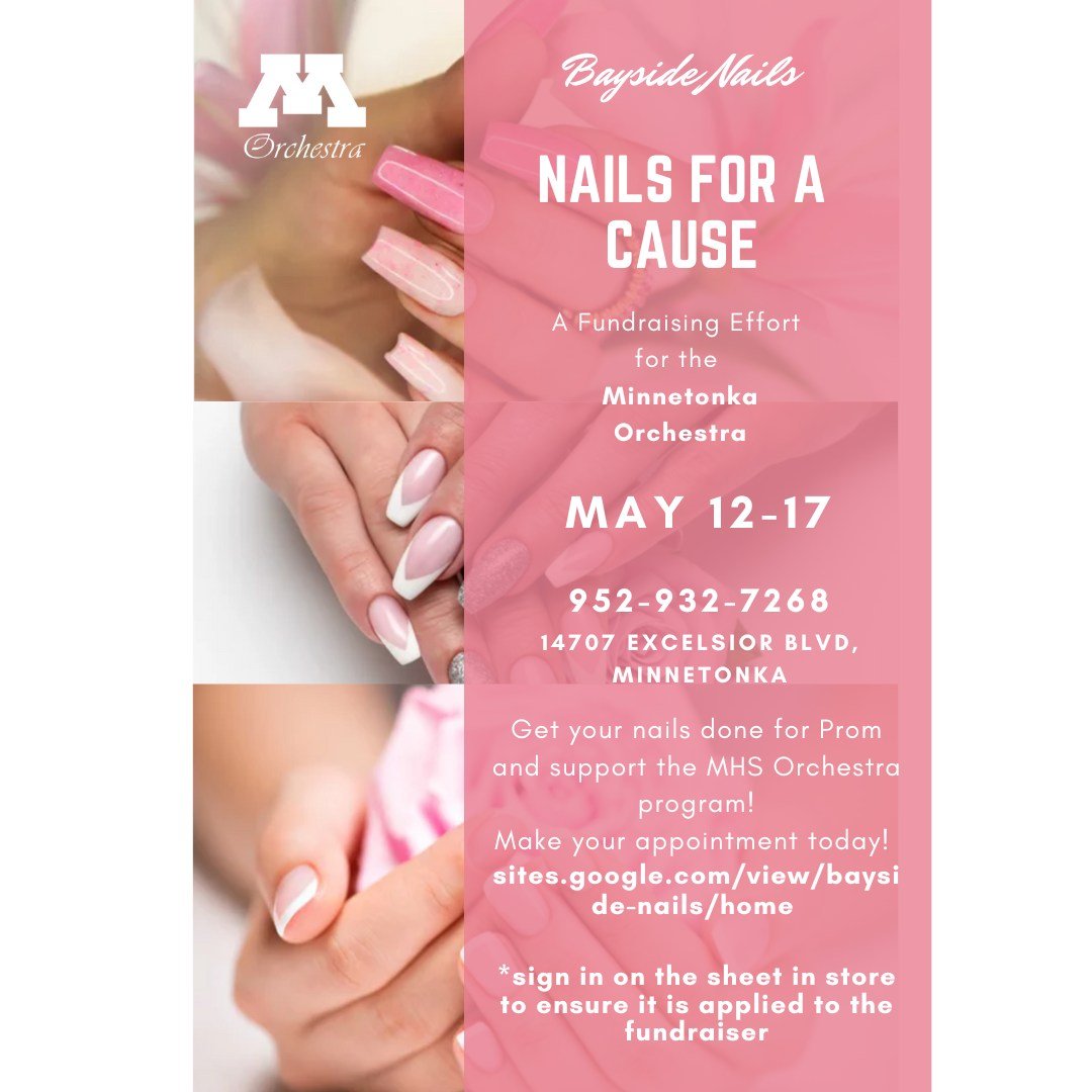 Have you made your appointment? Don't forget! Get your nails done for Prom on or before May 17 and support the MHS Orchestra program!
https://sites.google.com/view/bayside-nails/home
*sign in on the sheet in store to ensure it is applied to the fund