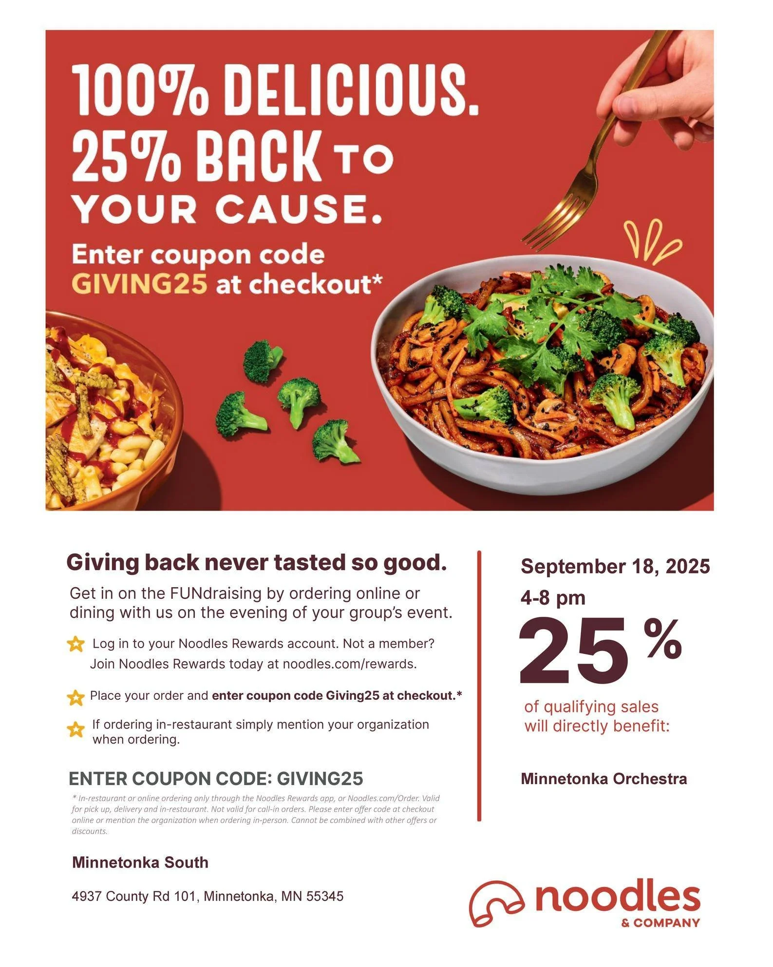 SAVE THE DATE! 

Join us for a fundraising night at Noodles &amp; Company and help support our amazing orchestra program!

📅 When: Thursday, September 18th, 4-8 PM
📍 Where: 4937 County Rd 101, Minnetonka, MN 55345

How it works:

- 25% of all sales