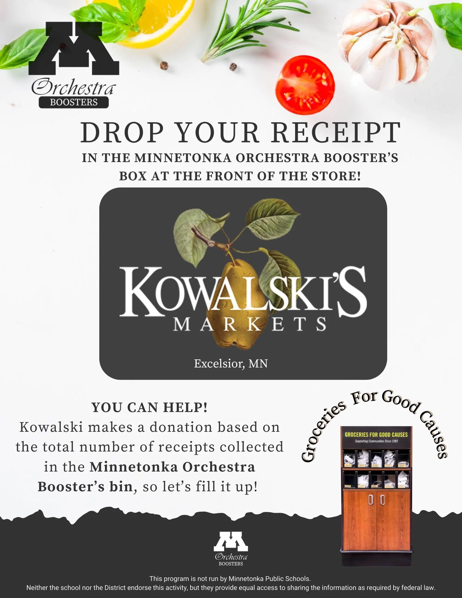 If you are running to the Excelsior Kowalski's for your last-minute Halloween candy, be sure to drop your receipt in the Minnetonka Orchestra Boosters box at the front of the store. This is a very easy way for the MOB to earn some funds that help all