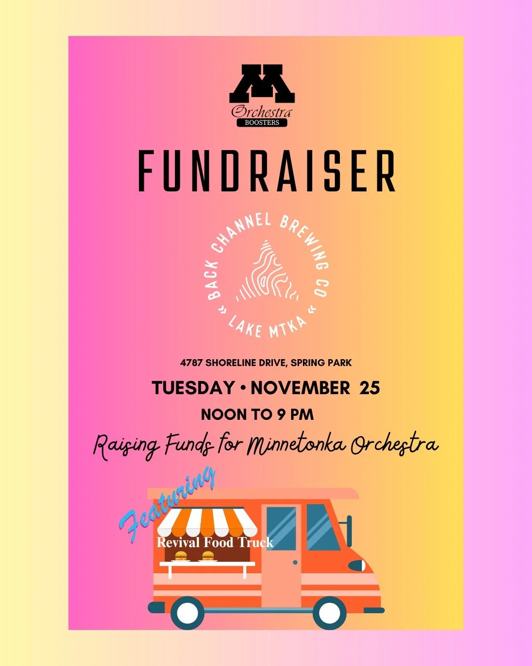 We are very excited to be raising funds by raising our pints at @backchannelbrewing on Tuesday, November 25. School's out for the week, so stop by and support the Minnetonka Orchestra Boosters. Plus, @revivalmn food truck will be there, so bring the 