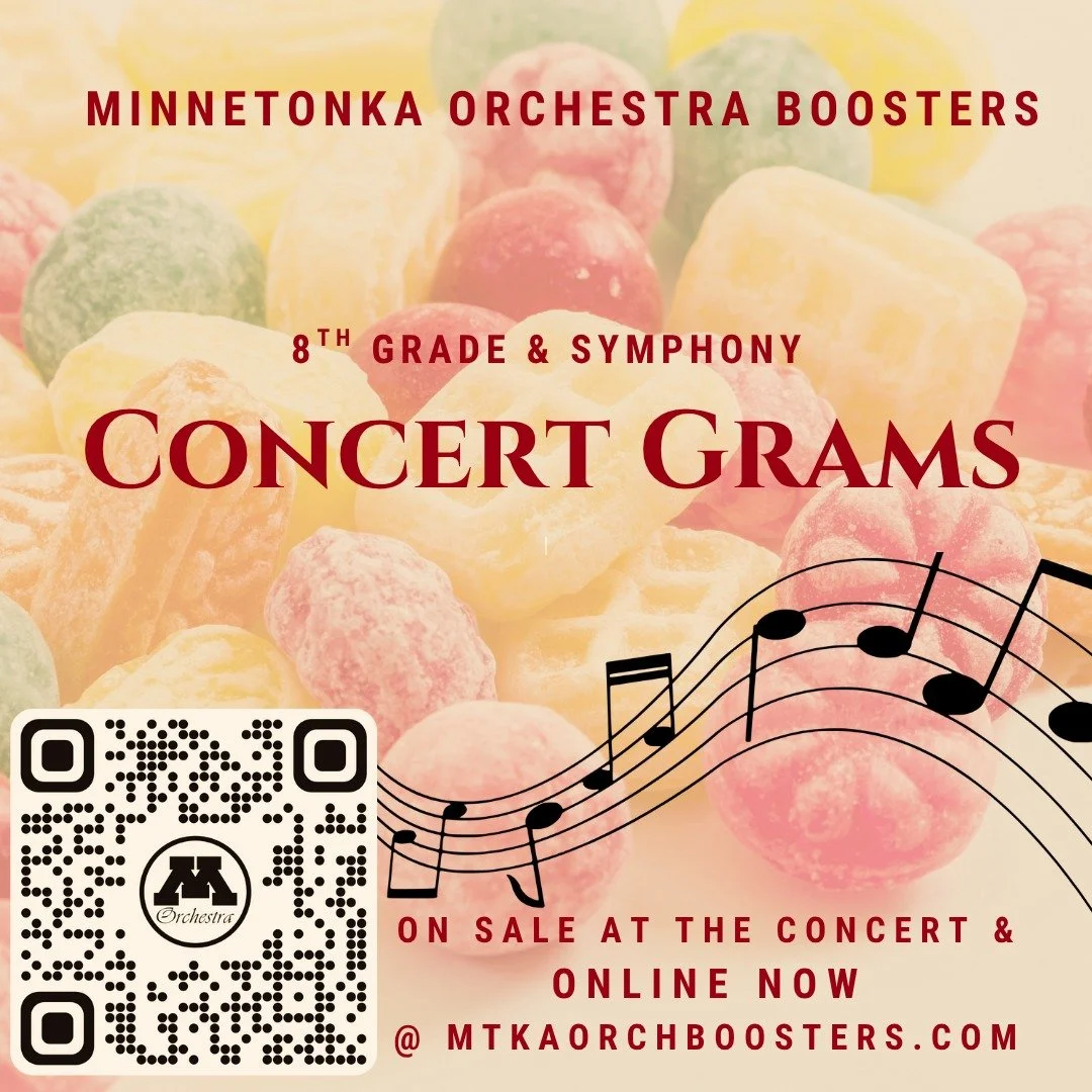 Order your Concert Grams for tonight's concert online! Save time and know this has been taken care of, by scanning the QR code or clicking on https://mtkaorchboosters.com/concert-grams

Concert Grams acknowledge your students' great playing by provid