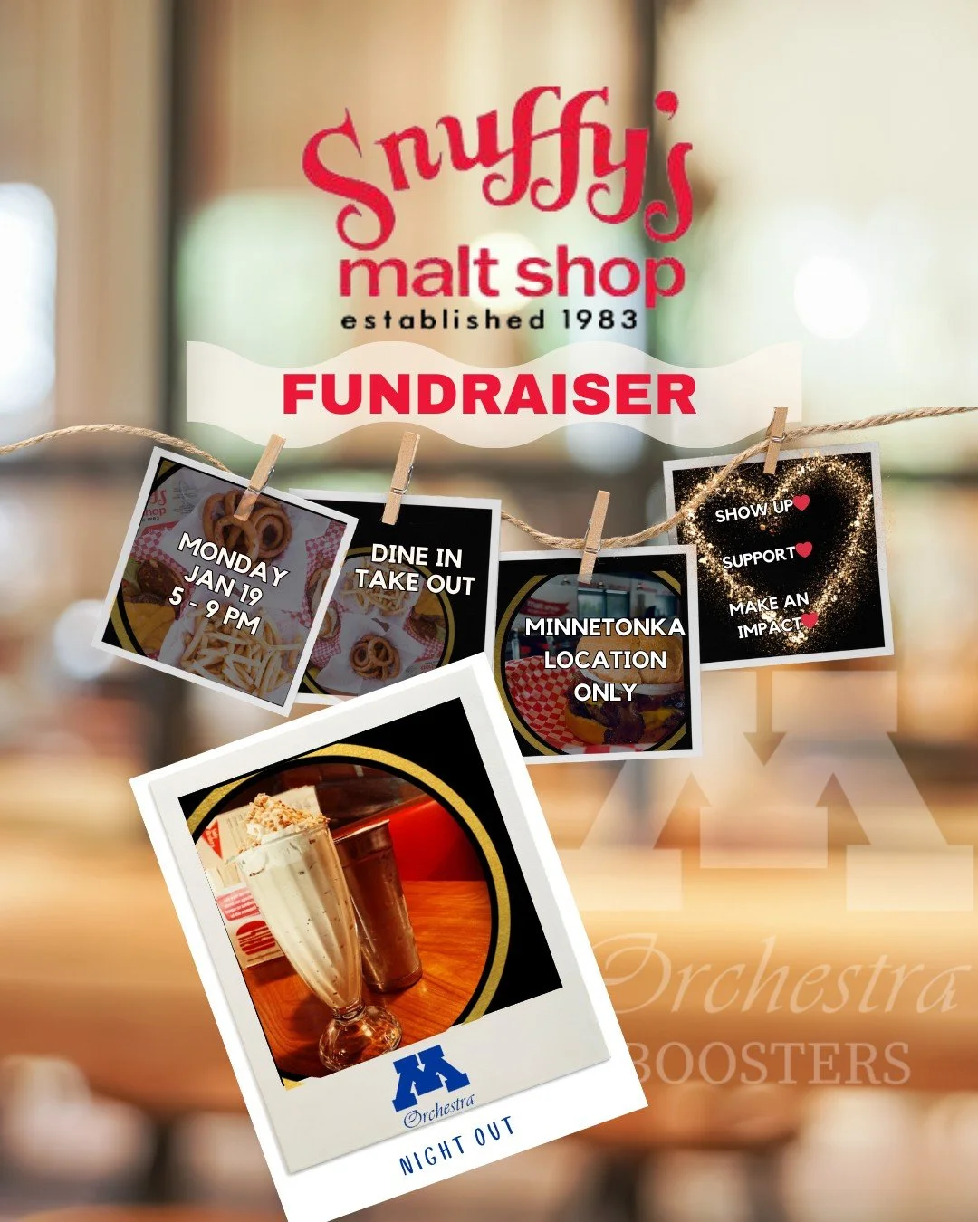 Starting at 5 p.m. tonight, dine-in and takeout orders from the Minnetonka Snuffy's will support the Minnetonka Orchestra Boosters. Enjoy some hot fries and a delicious burger, or go with today's weather theme and have a cold shake or malt! Either wa