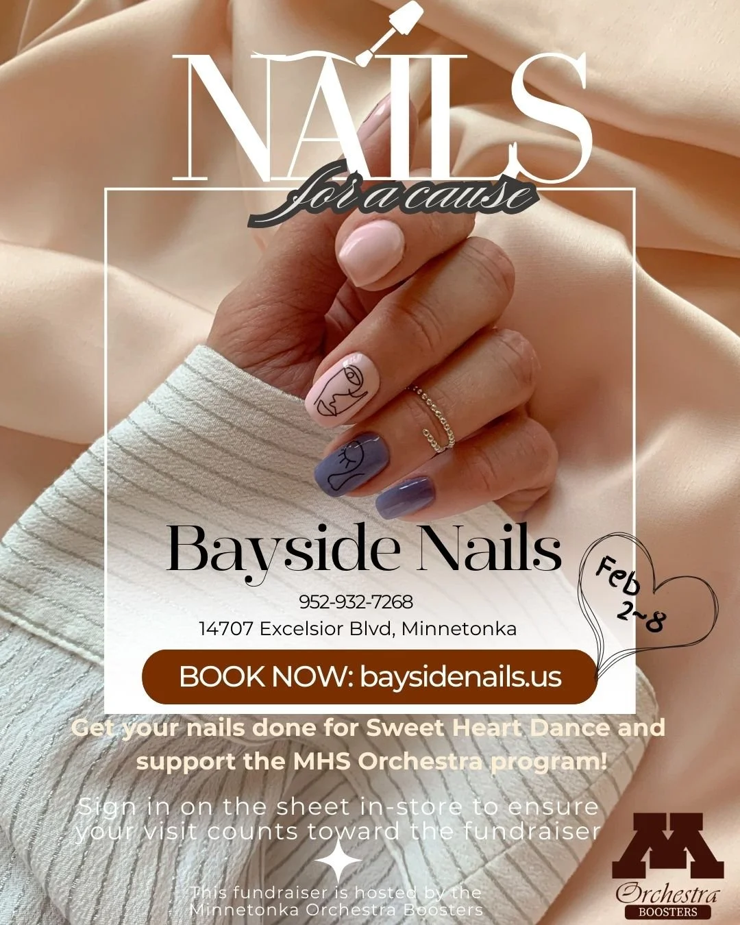 Get your nails done for Sweethearts between February 5-9 and support the MHS Orchestra program! Make your appointment today! 

Book now: sites.google.com/view/bayside-nails/home 

*sign in on the sheet in store to ensure it is applied to the fundrais