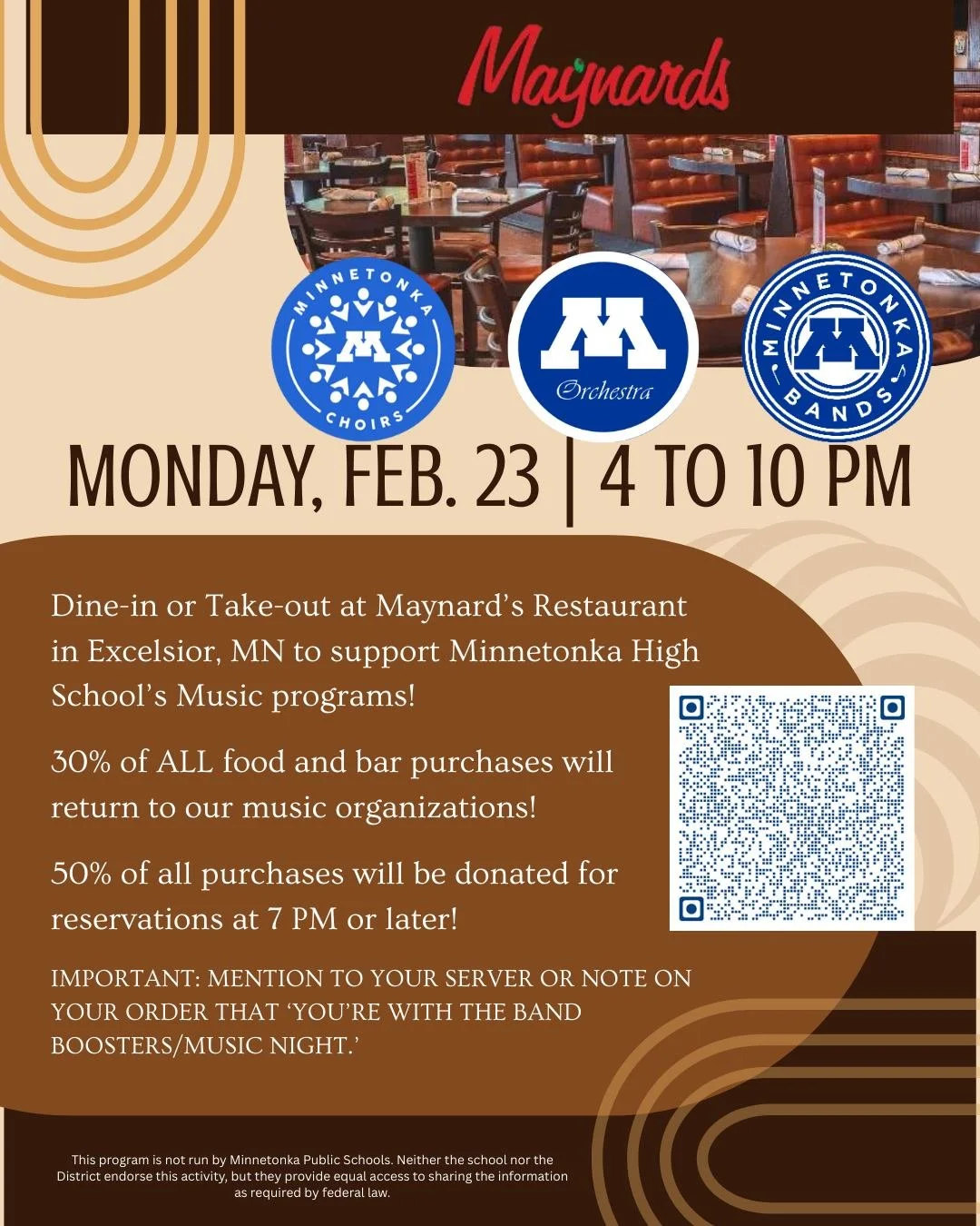 Make your plans to eat at Maynards on Monday, February 23! A portion of all dine-in and take-out orders will be donated to the Minnetonka Music Boosters - Please be sure to mention the fundraiser so all groups benefit!