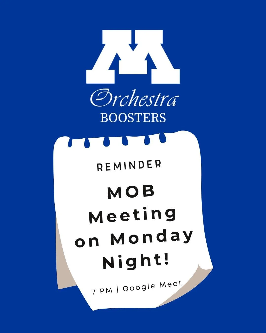 The rescheduled Minnetonka Orchestra Booster meeting will take place on Monday, February 16 at 7 p.m. We'll get updates on the upcoming Spain trip, plans for more fundraisers, and the awards ceremony. Join us to learn more and find ways to get involv