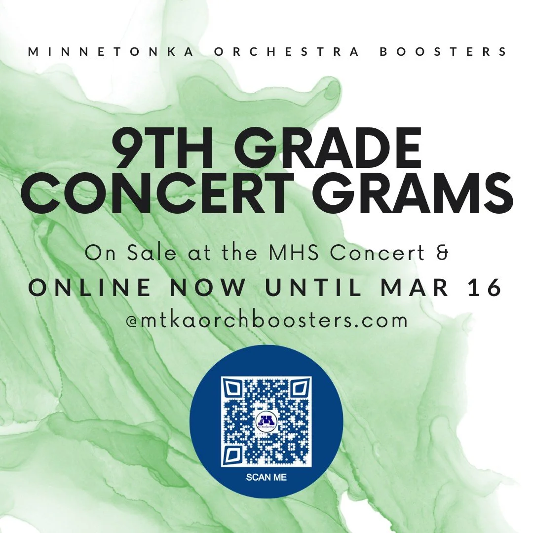 9th Grade Orchestra families - Order your Concert Grams online today! You'll get the widest variety of candy/treat choices, and avoid lines the night of the concert. The 9th grade concert starts at 7 p.m. on Monday, March 16. 

Scan the QR code or vi