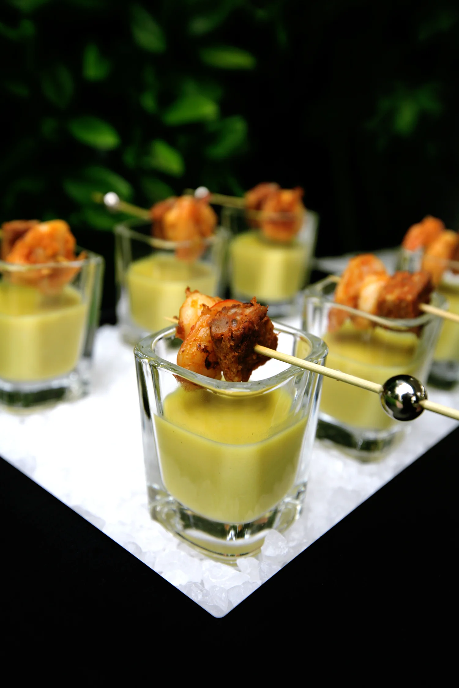 Sweet corn soup with shrimp and chorizo