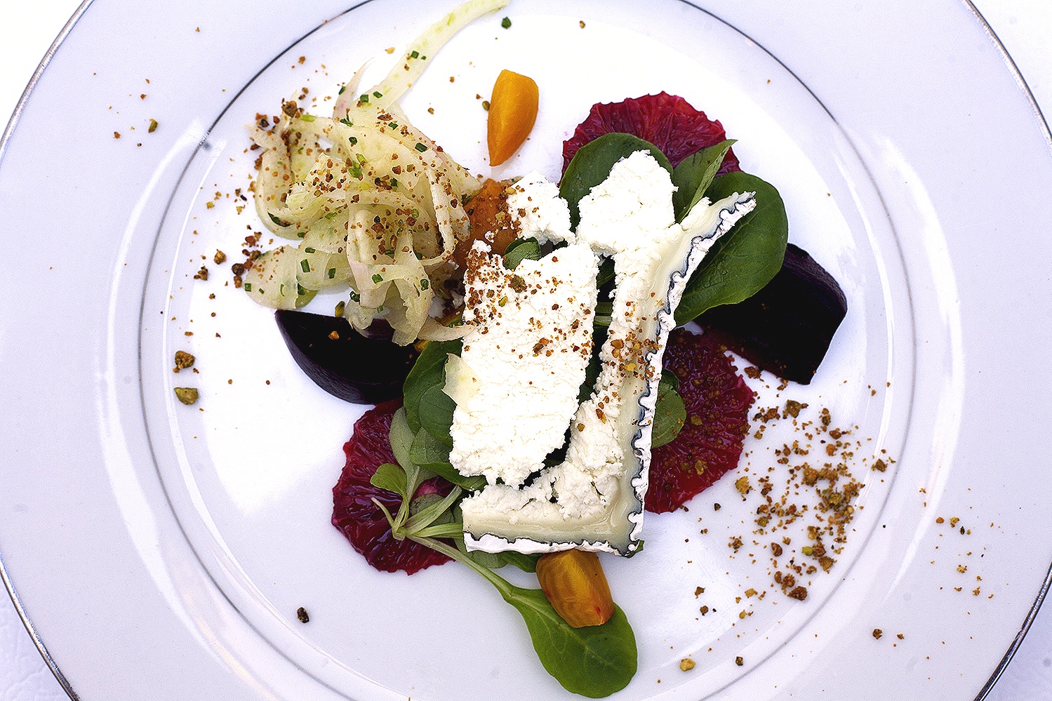 Autumn salad with chèvre, blood orange, fennel and red and gold beets