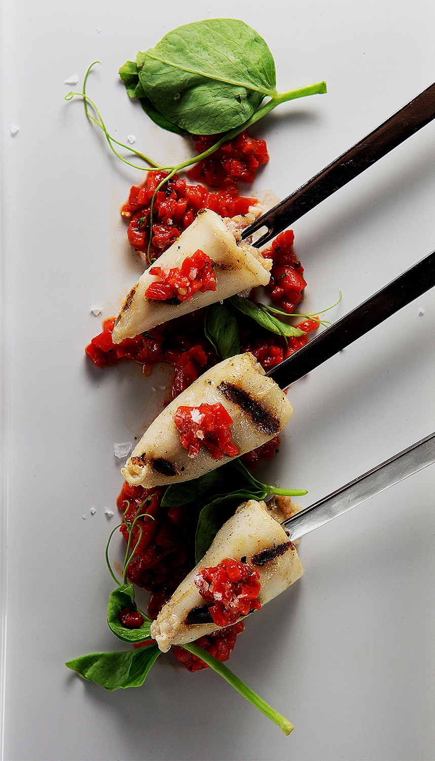 Stuffed squid with red pepper salsa