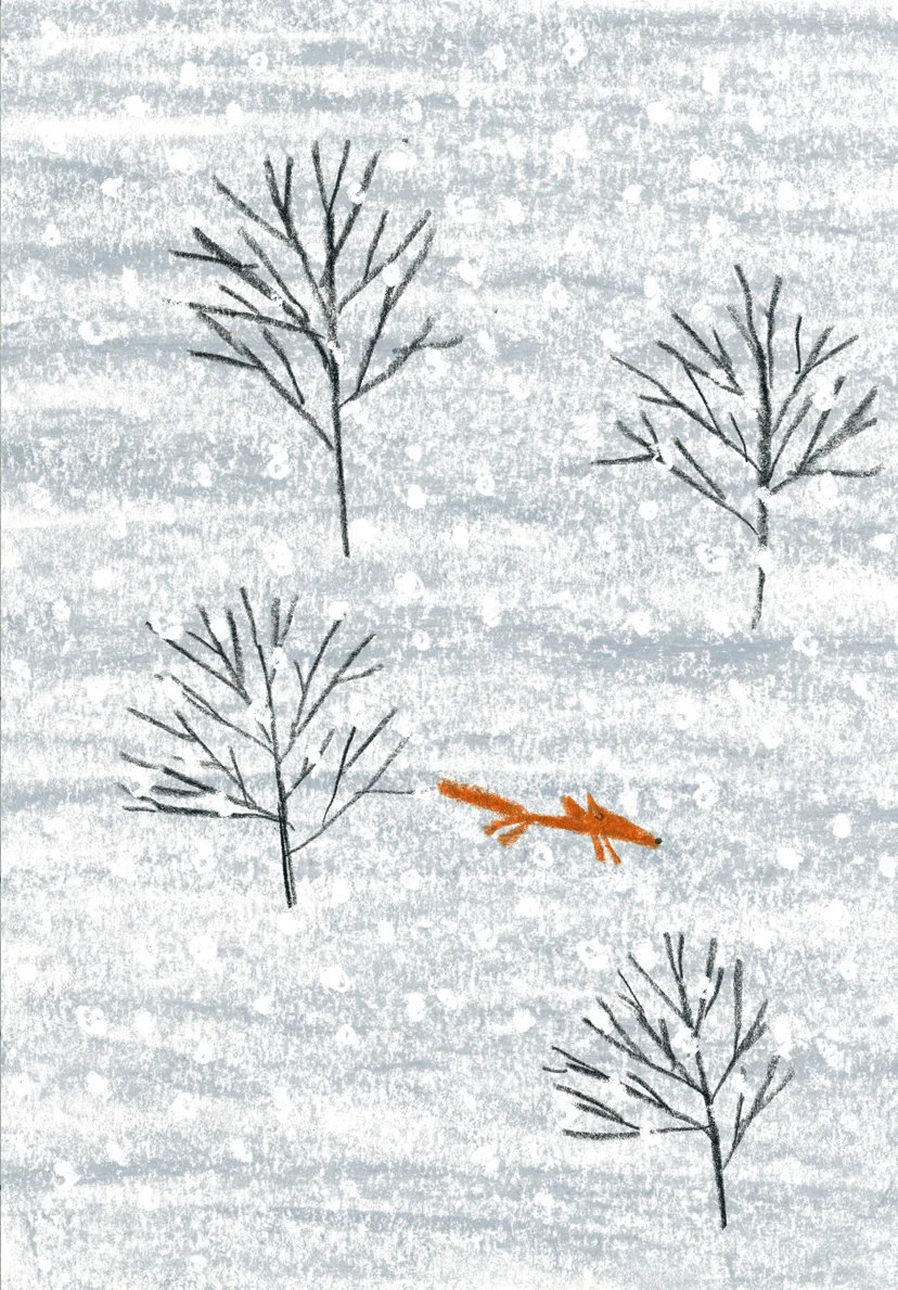 A fox in Hiroko Motai's Hiroko Motai's MILJOONA BILJOONA JOULUPUKKIA (Schildts&Söderströms 2014).