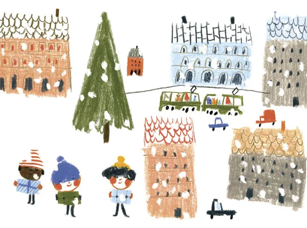 Some happy kids with their presents in Hiroko Motai's MILJOONA BILJOONA JOULUPUKKIA (Schildts&Söderströms 2014).