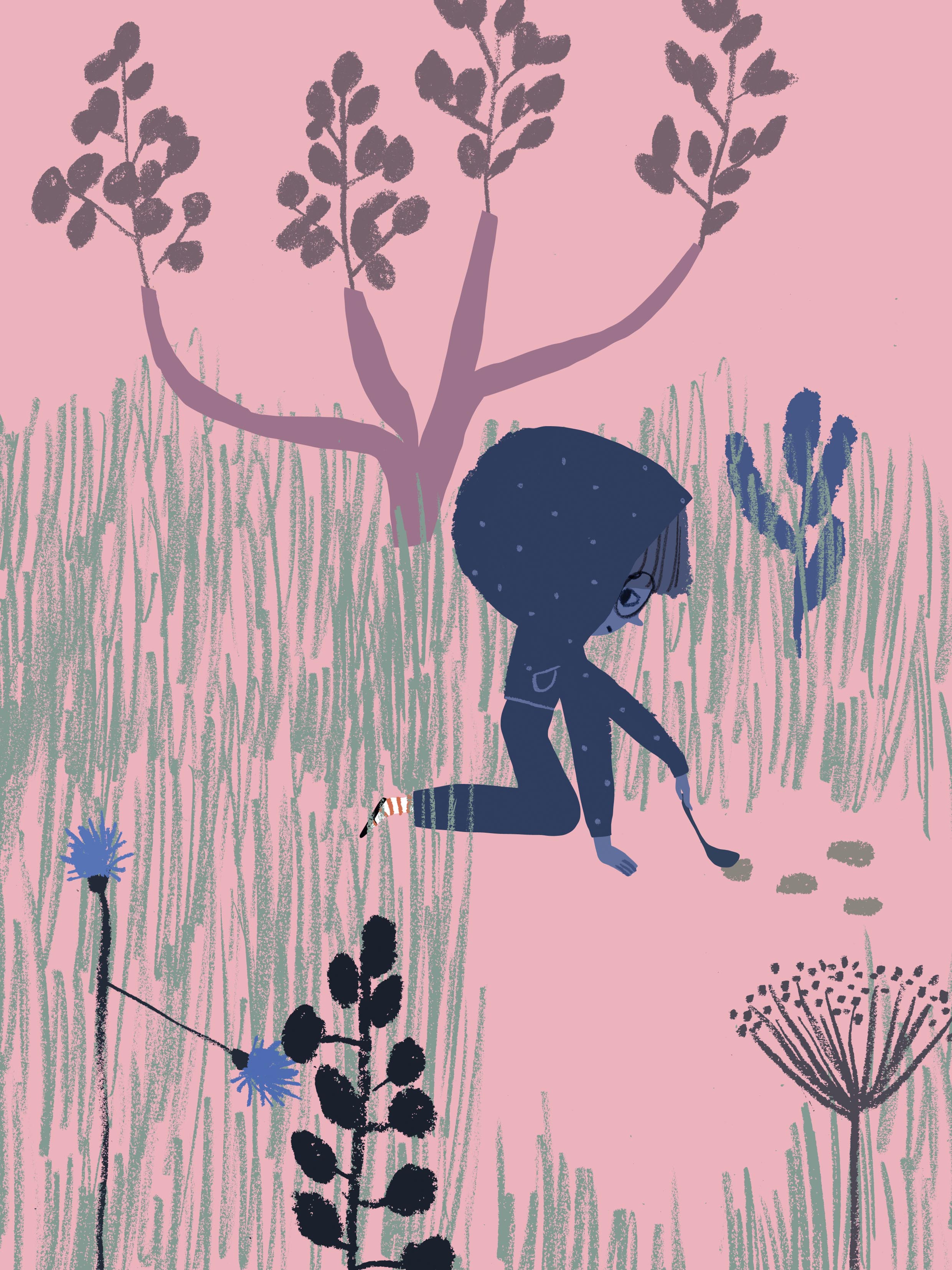 Kaja making fake bunny footprints in Tove Pierrou's HONUNGSMJÖLK FÖR TRE (Natur&Kultur 2016). 
