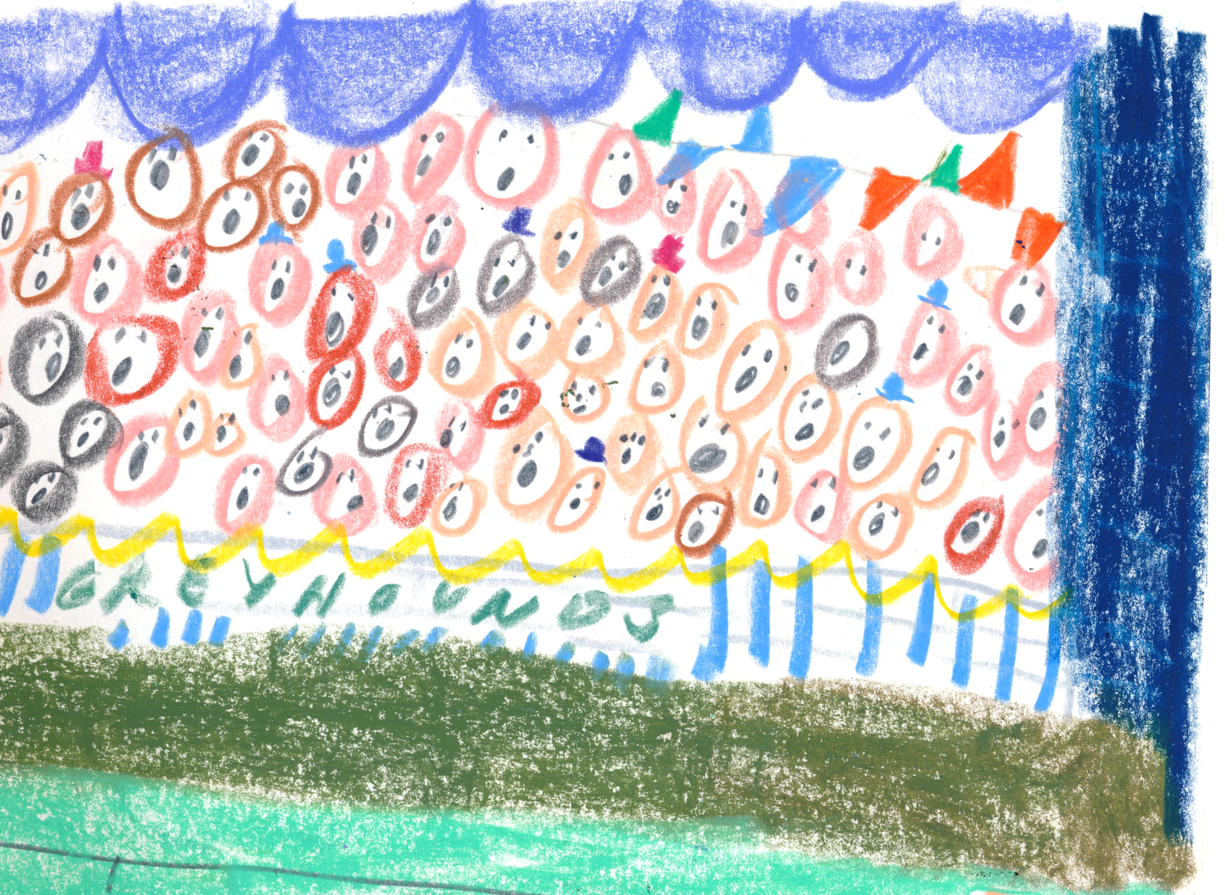 Racetrack audience in Marika Maijala's RUUSUN MATKA (Etana Editions 2018).