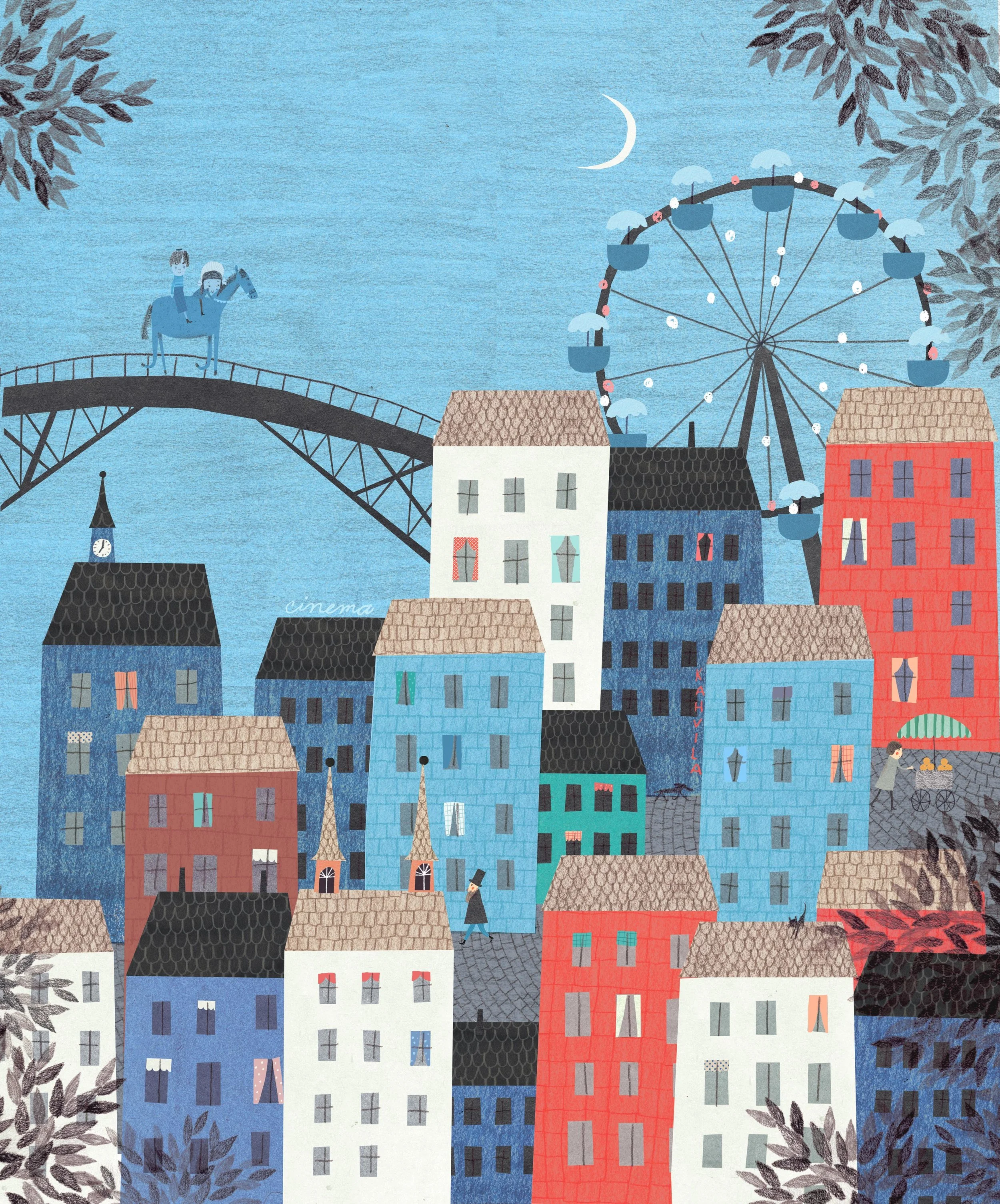 Sylvi and Luka arrive in a strange city in Juha Virta's and Marika Maijala's SYLVI KEPPOSEN KIRJEKAVERI (Otava 2012).