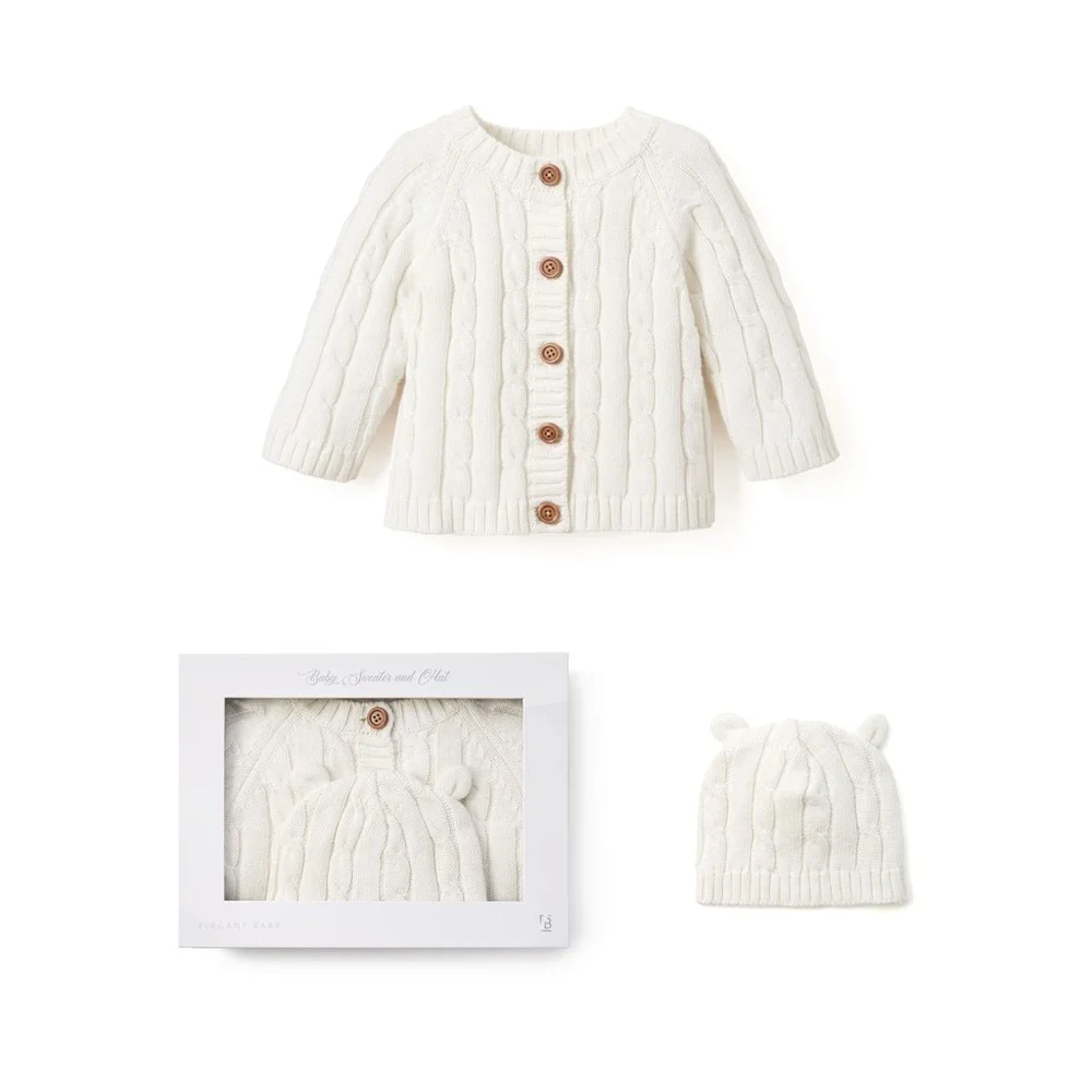 Babyhug Knit Full Sleeves front Open Sweater Set with Cap & Booties - Offwhite