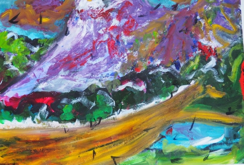 Meanwhile, the mountains. Acrylic on paper, Lynne Cameron 2015.