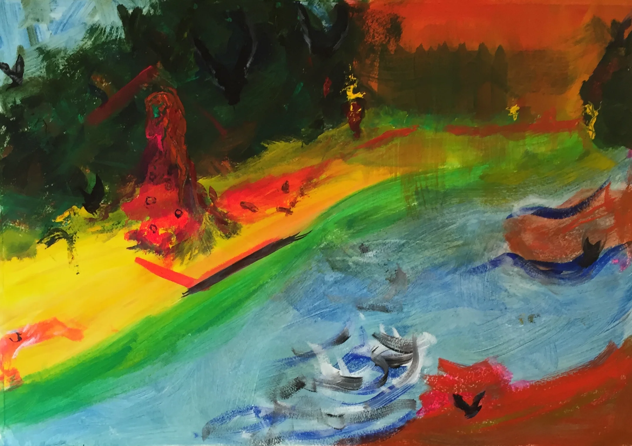 Scarlet walks on acrylic on paper, Lynne Cameron 2016.