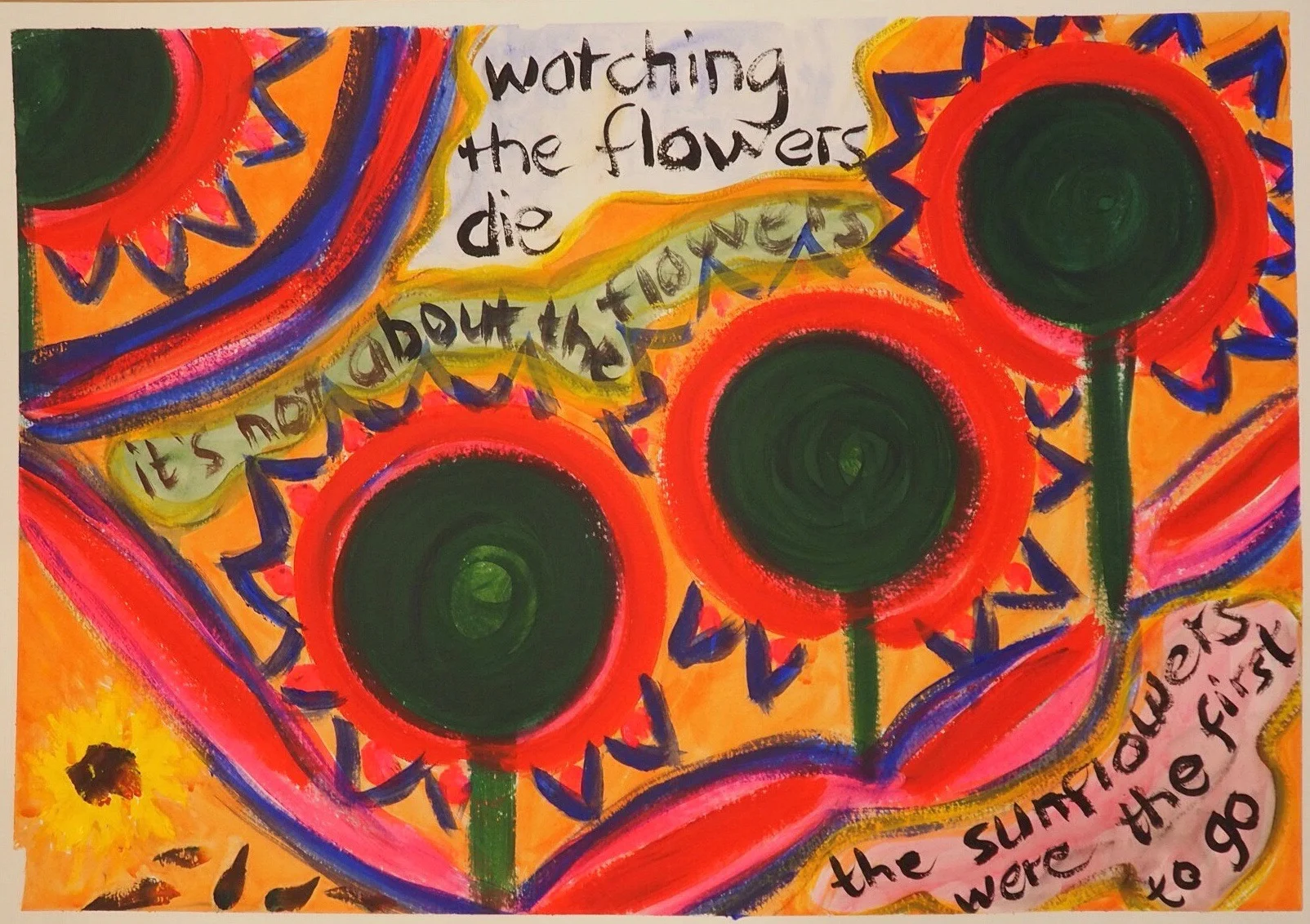 Watching the flowers die . Acrylic on paper, 43 x 61 cm. Lynne Cameron, 2015.