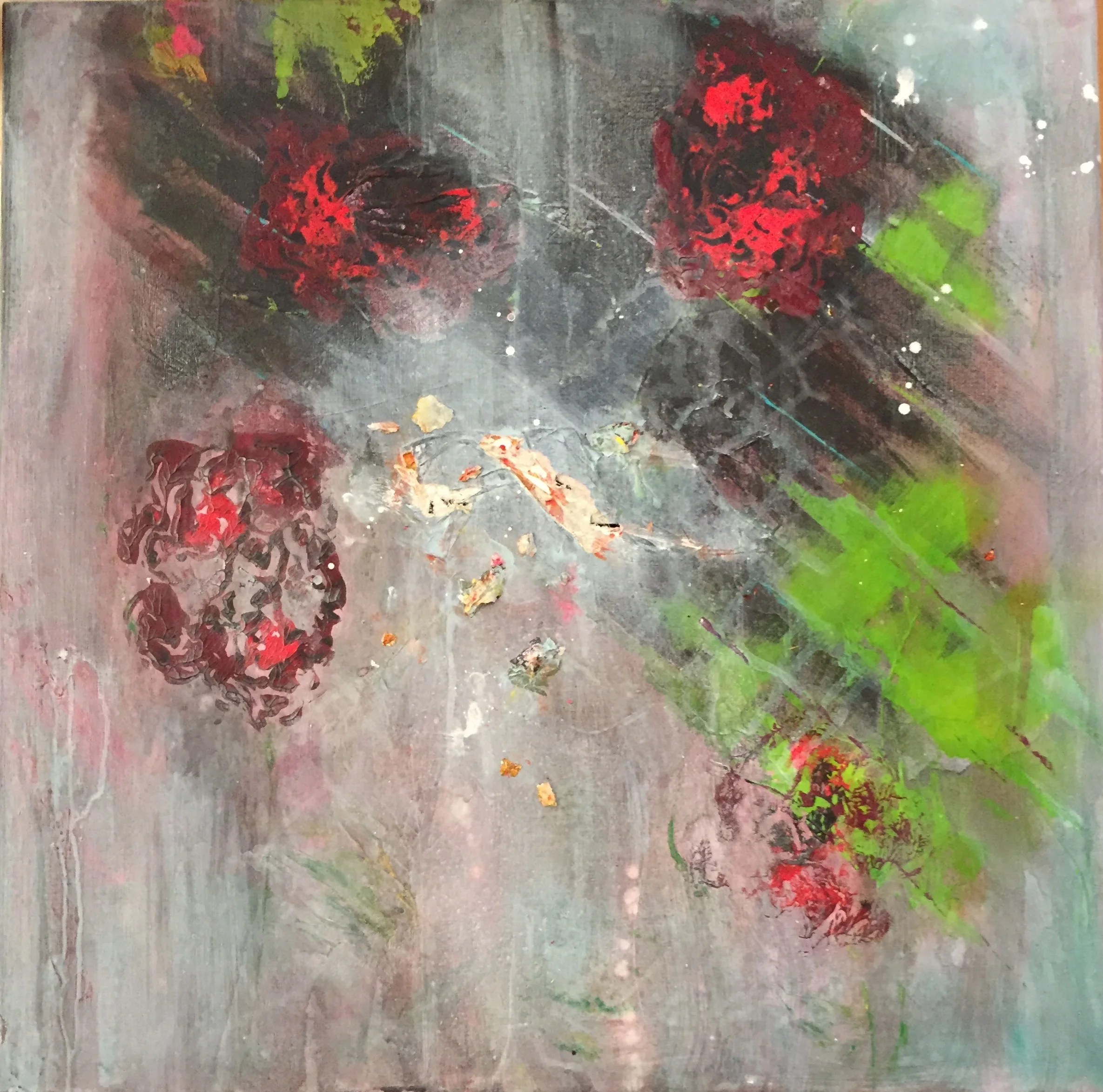 a newly finished painting Still Undoing the Arrangement . Acrylic, collage and déchirage on canvas. Lynne Cameron, 2016.