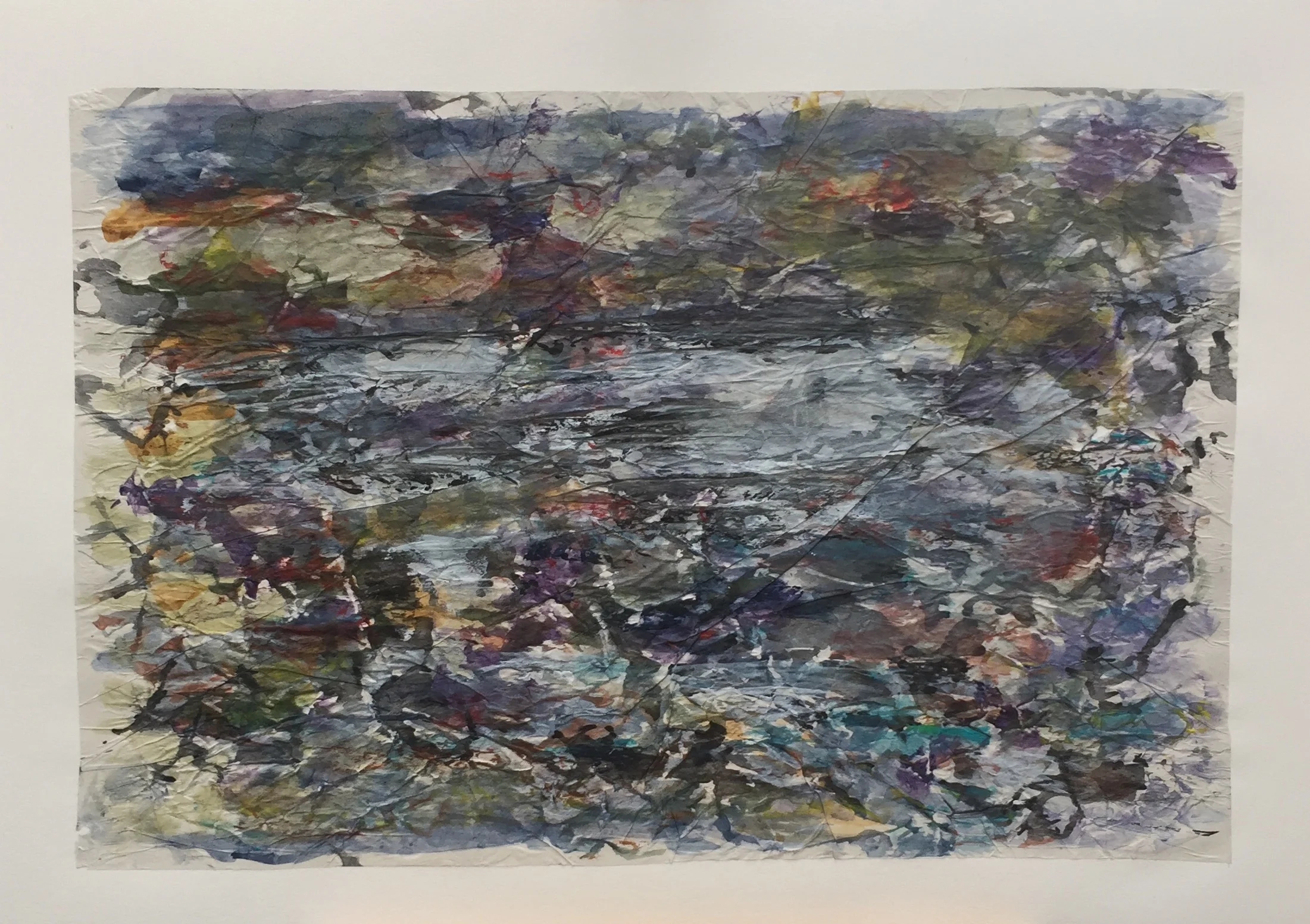 Explorations on crumpled paper. Acrylic on paper, Lynne Cameron, 2017